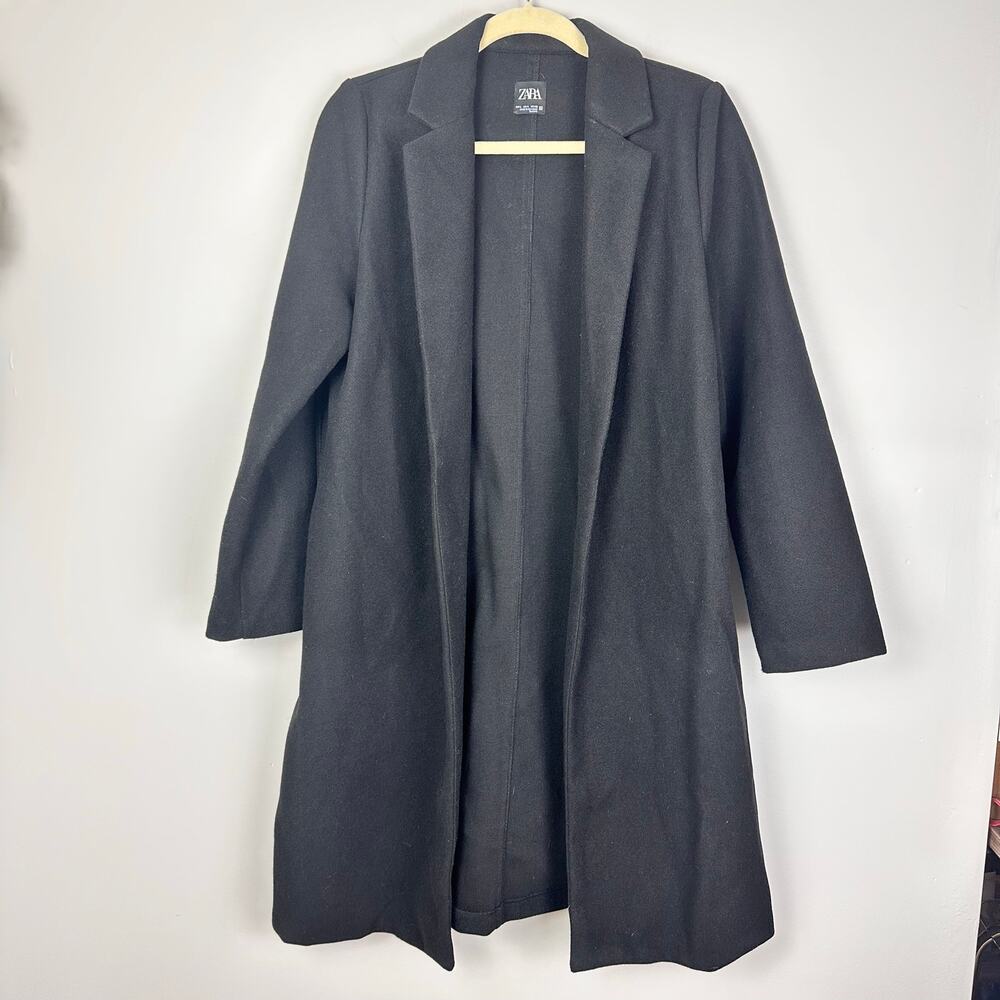 Zara Women’s Black Midi Overcoat Size Large Classic Minimalist Closet Staple
